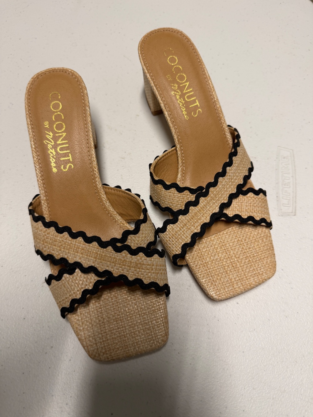 Coconuts by Matisse Tan Woven Mules with Black Rickrack Trim